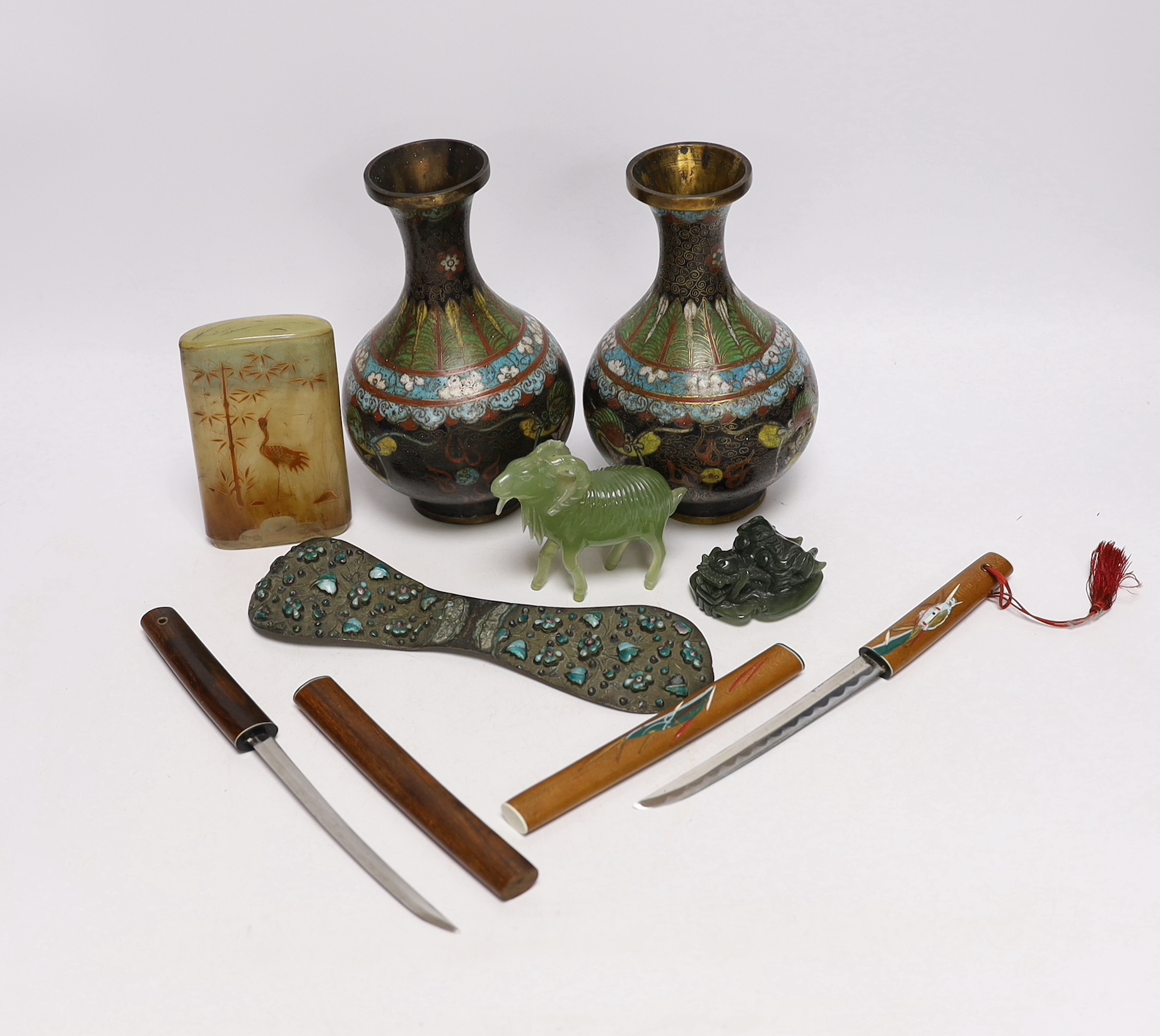 A collection of Chinese and other Oriental items, including a pair of Chinese cloisonné enamel vases, 16.5cm